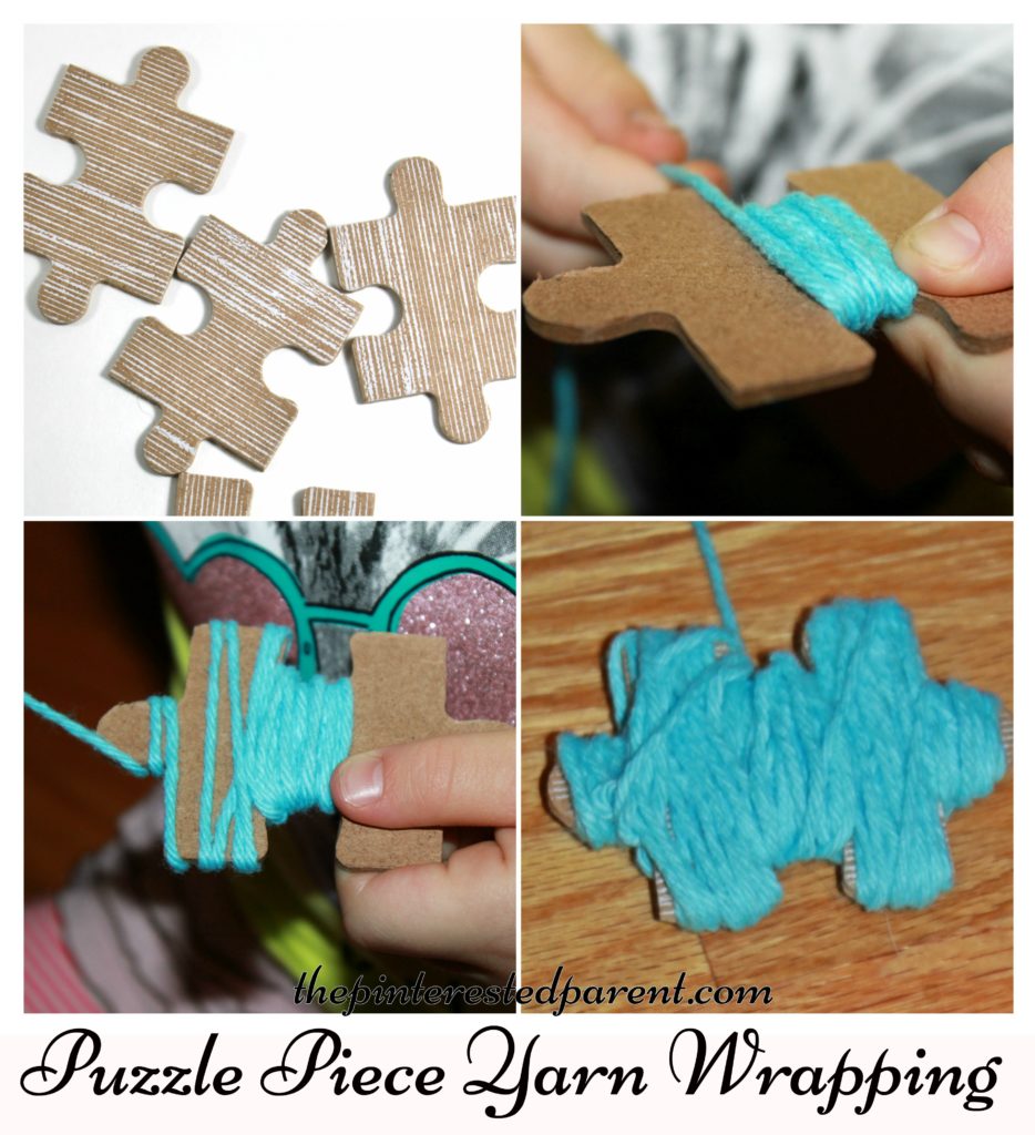 Fine motor activity for kids - use old puzzle pieces to wrap yarn..
