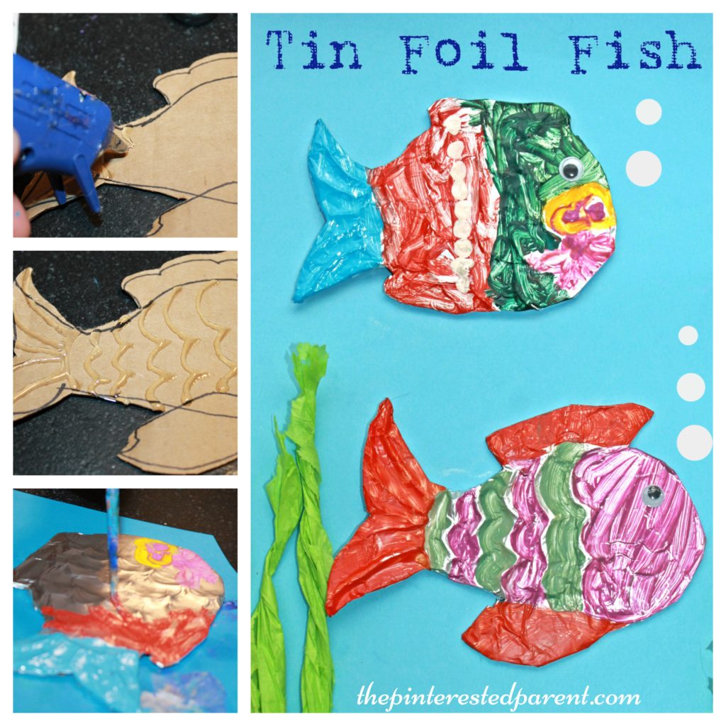 Painterd tin foil embossed fish arts & craft for kids. Great summer craft using aluminum foil, cardboard & glue for embossing.