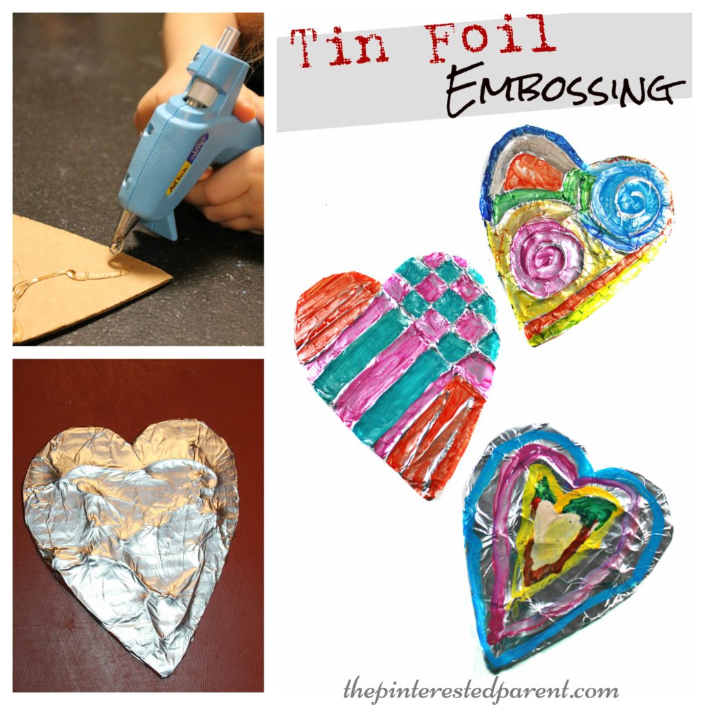 Tin Aluminum Foil Embossing - Painted embossed hearts. Pretty kid's arts &crafts projects for kids.,