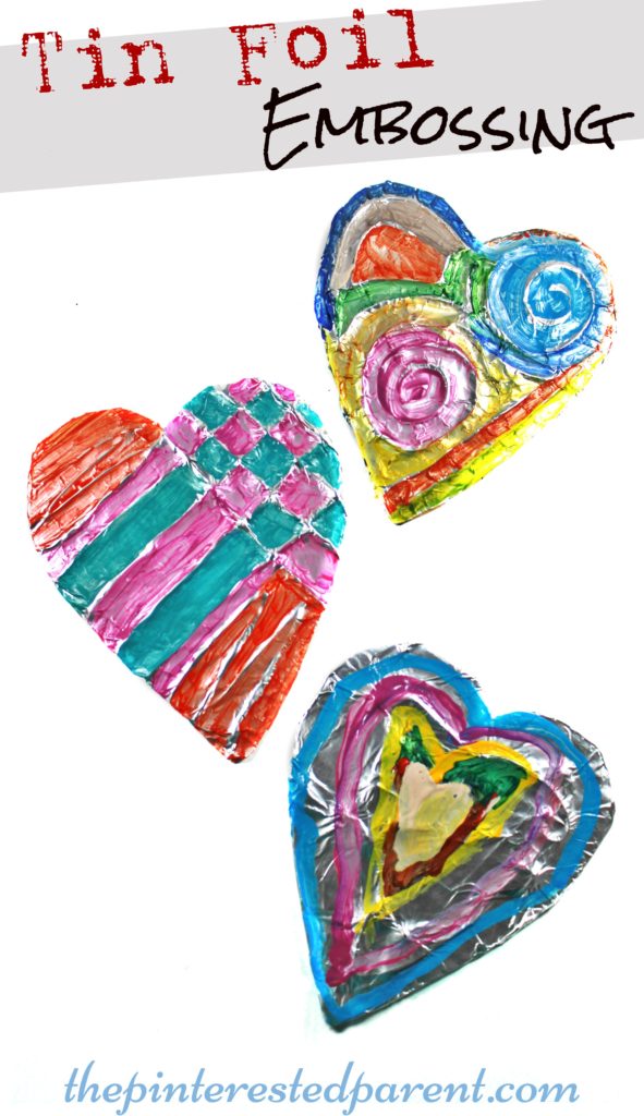Tin Aluminum Foil Embossing - Painted embossed hearts. Pretty kid's arts &crafts projects for kids.