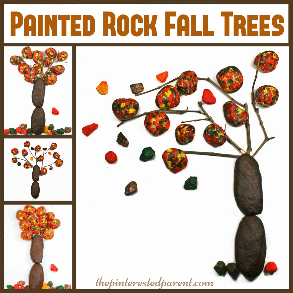 Fall autumn trees made from painted rocks - kid's arts & crafts made from nature.