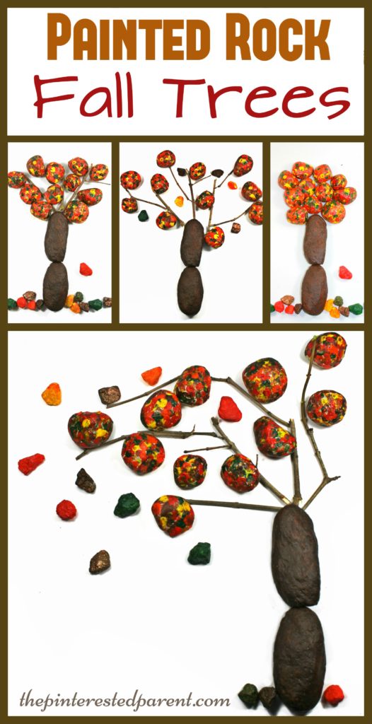 Fall autumn trees made from painted rocks - kid's arts & crafts made from nature..
