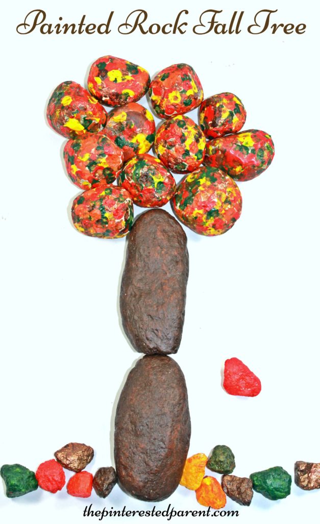 Fall autumn trees made from painted rocks - kid's arts & crafts made from nature.