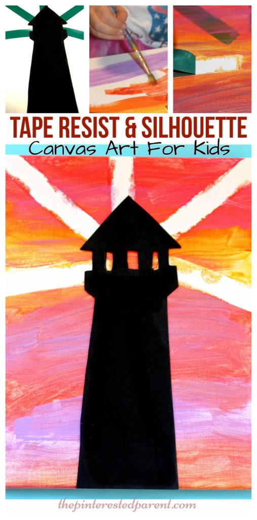 Tape resist & silhouette sunset lighthouse canvas painting - arts & crafts projects for kids