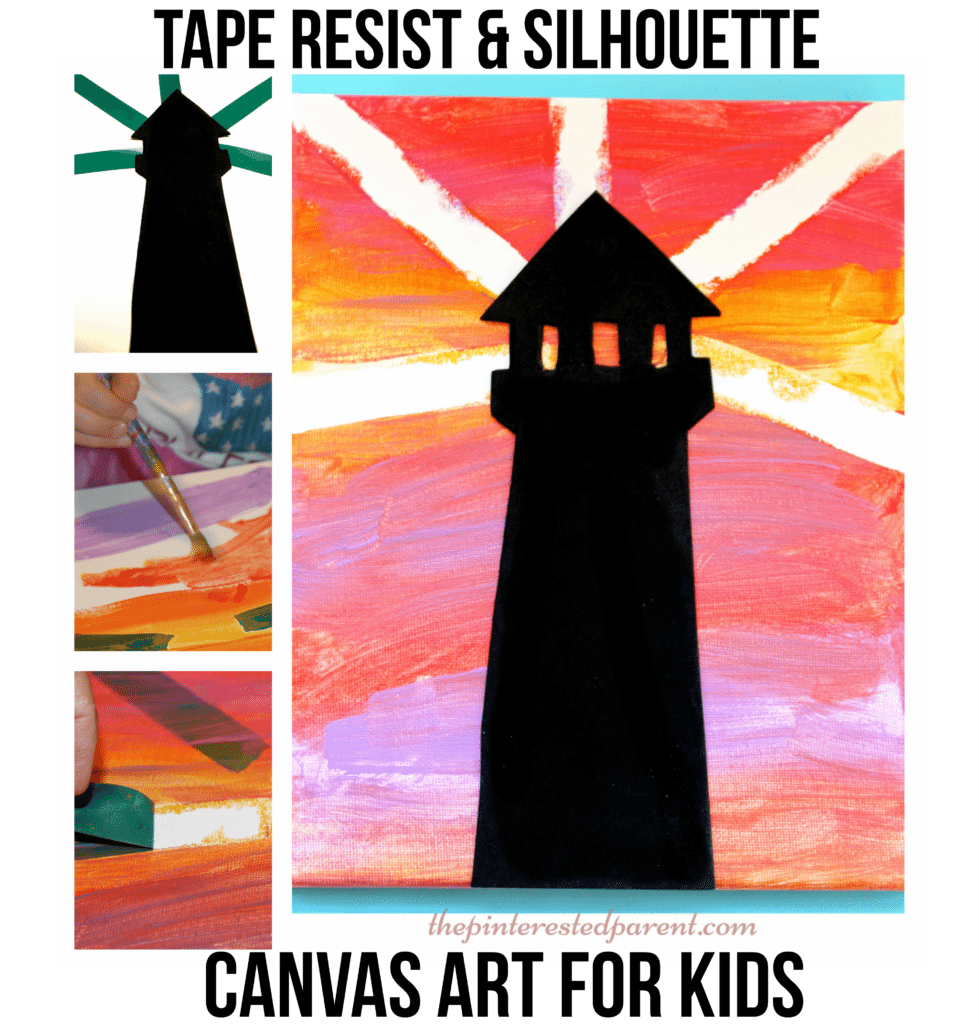 Tape resist & silhouette sunset lighthouse canvas painting - arts & crafts projects for kids with free printable.