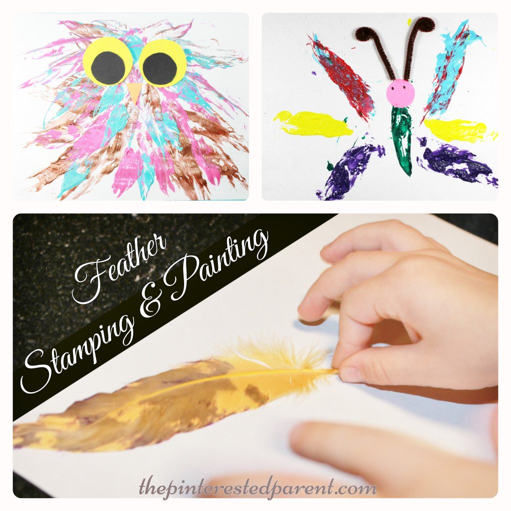 feather stamped painted owl & butterfly process arts & craft for the kids with a feather