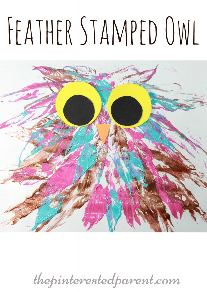 feather stamped painted owl process arts & craft for the kids with a feather