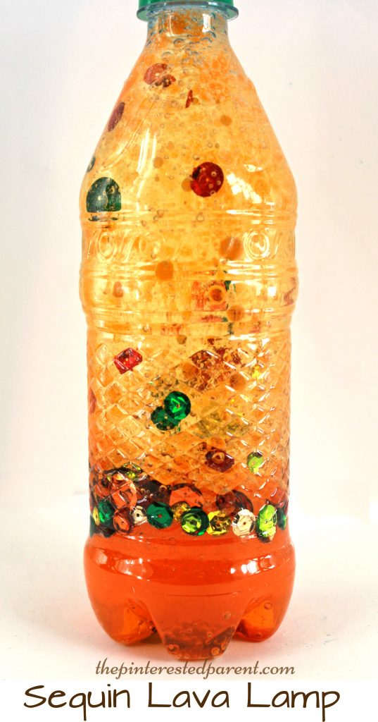 Homemade Fall sequin lava lamp - science experiments with oil & water for kids, toddlers & preschoolers 
