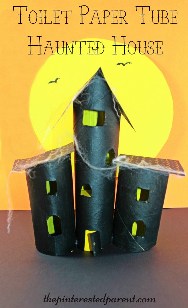 Paper towel roll and toilet paper tube haunted house craft. Cardboard tubes arts & crafts - spooky Halloween project for kids.