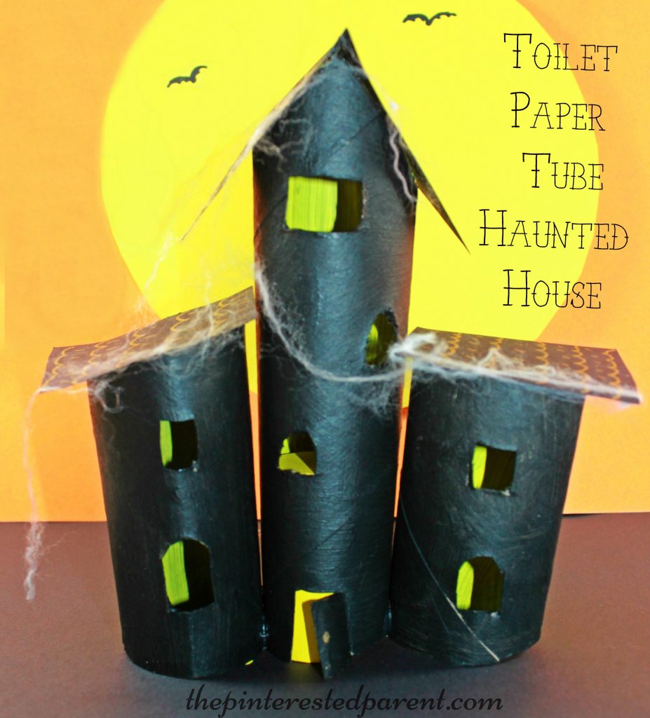 Paper towel roll and toilet paper tube haunted house craft. Cardboard tubes made this spooky Halloween project for kids.