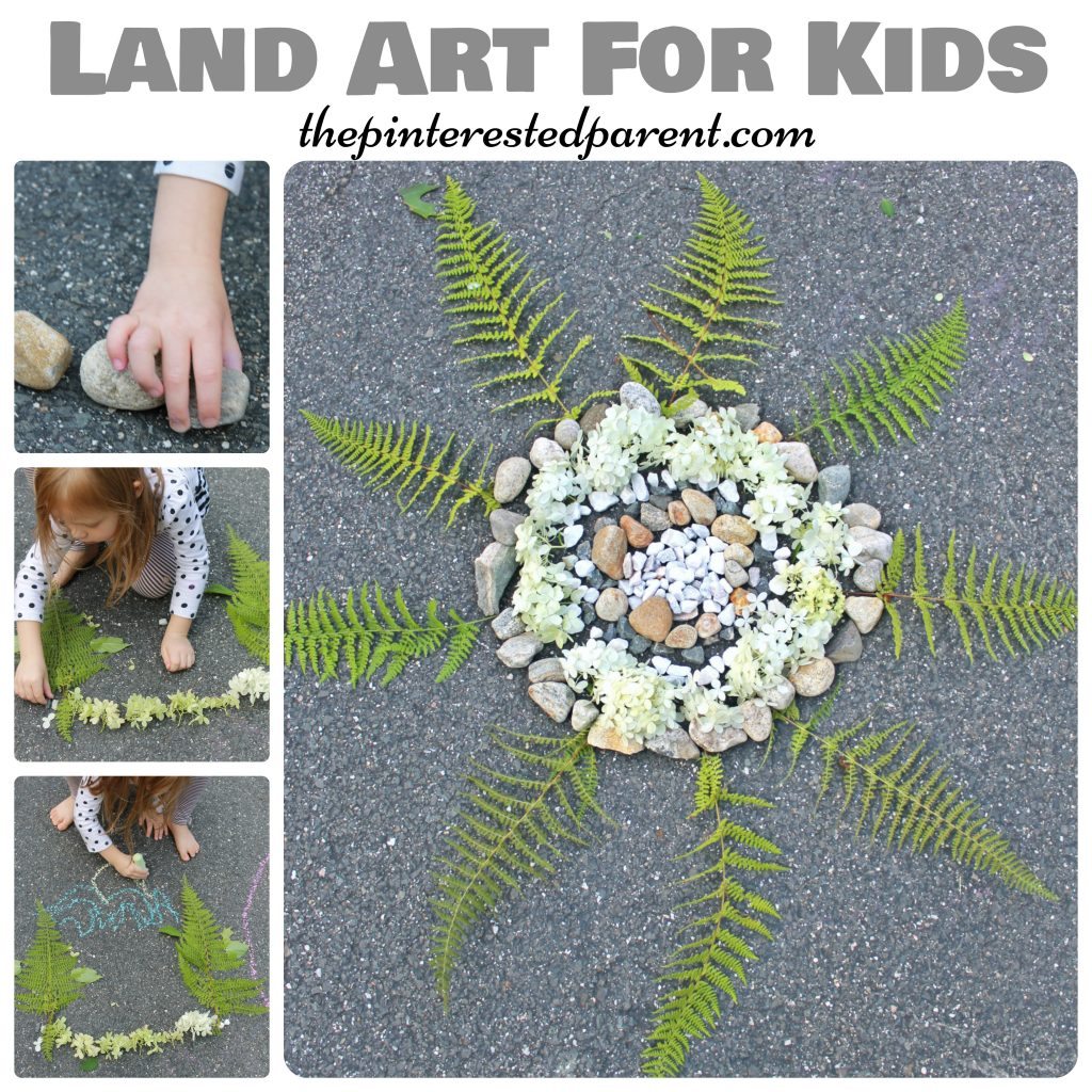Land art - arts & crafts with nature , rocks, flowers, leaves. Kid's outdoor activities.