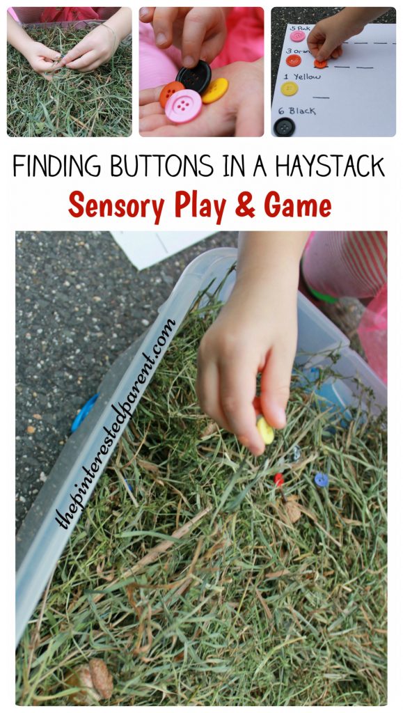 Like Finding Buttons in a haystack sensory bin play & scavenger hunt game - great for an autumn, fall or Halloween kid's - counting & color recognition activity.