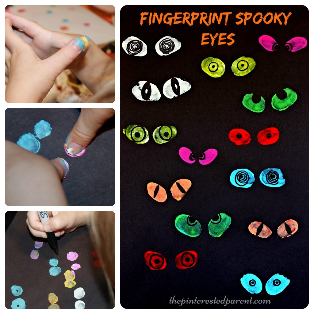 These are so cute & fun to make. Thumbprint or fingerprint spooky eyes. Kid's arts & crafts. Perfect for Halloween