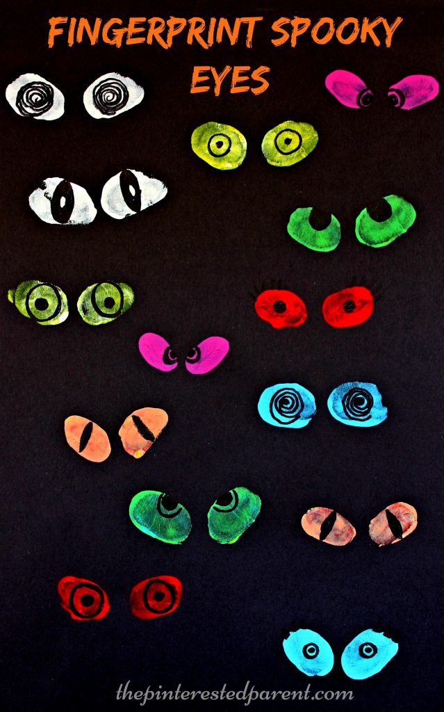 These are so cute & fun to make. Thumbprint or fingerprint spooky eyes. Kid's arts & crafts. Perfect for Halloween