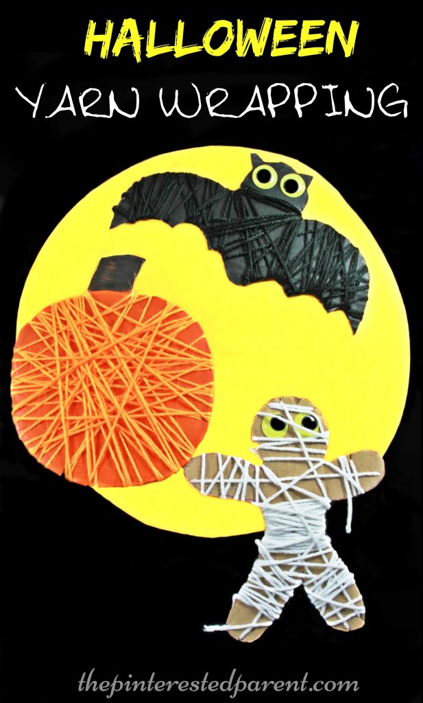 Yarn wrapped Halloween activity for the kids. Great for fine motor skills. Pumpkin, bat, & mummy arts & crafts