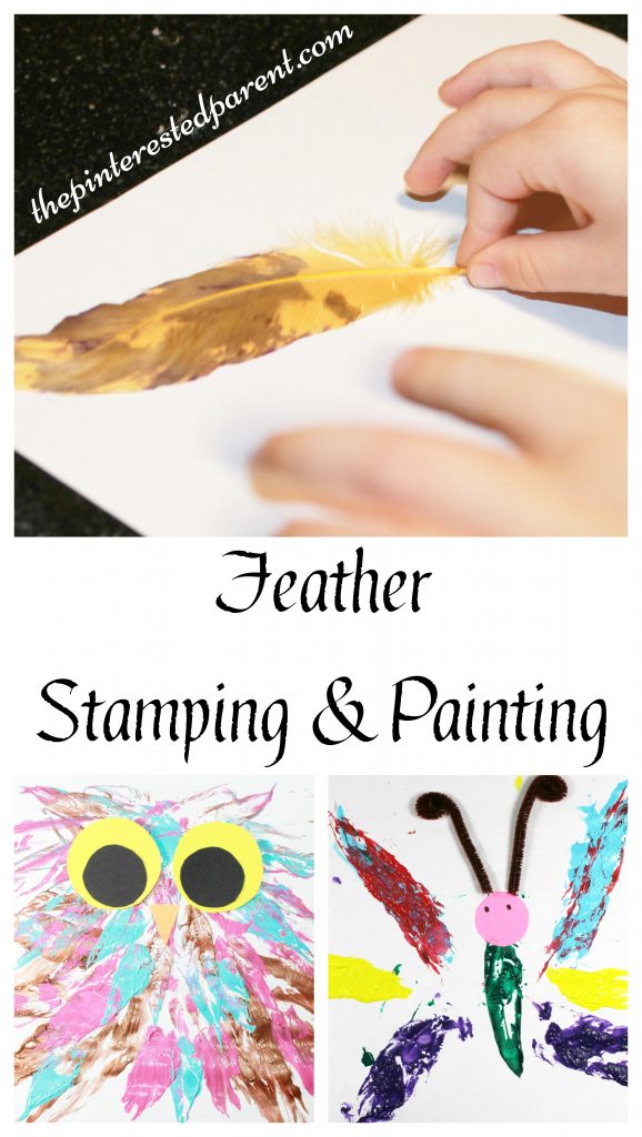 feather stamped painted owl & butterfly process arts & craft for the kids with a feather