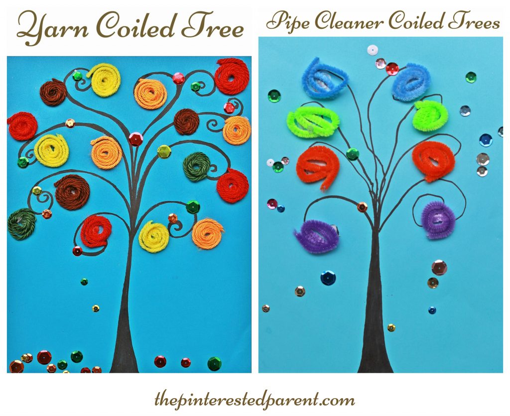 Coiled yarn & pipe cleaner trees for the fall and autumn. The pipe cleaners are perfect for younger hands and a great fine motor skill activity. The yarn is better for older kids hands. Arts & crafts for kids.