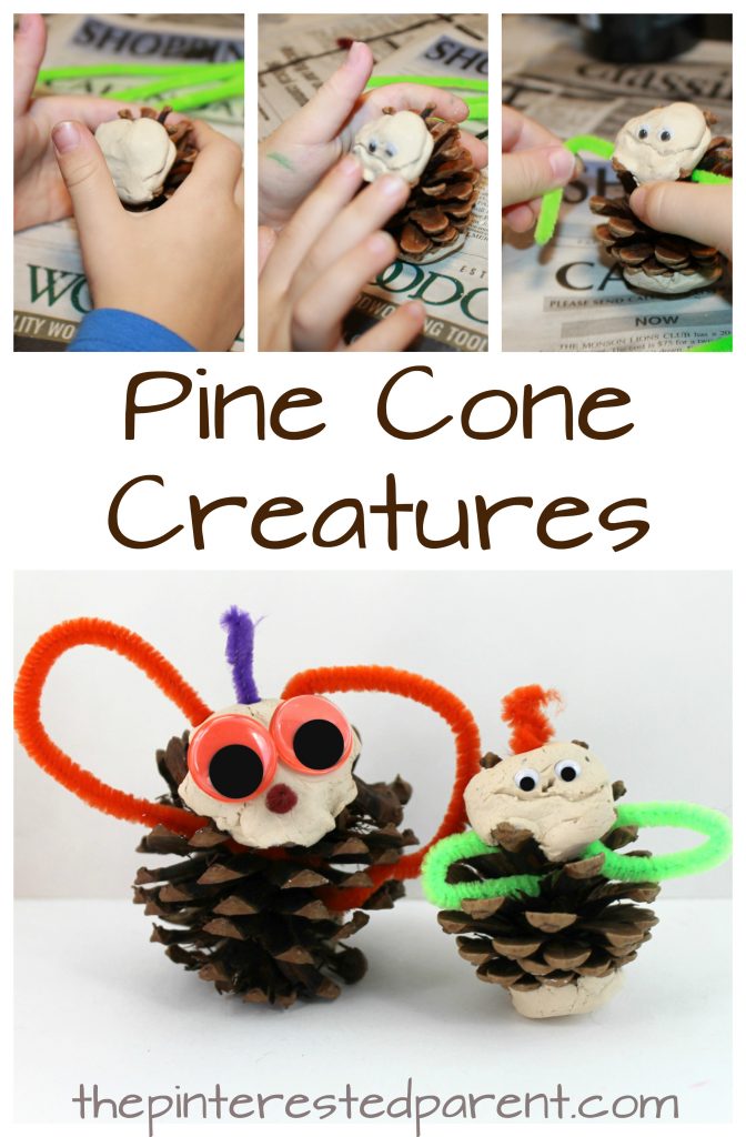 pine cone creatures. Use Pipe cleaners, clay and pinecones as an invitation to create a variety of creatures. Arts and crafts for kids with nature