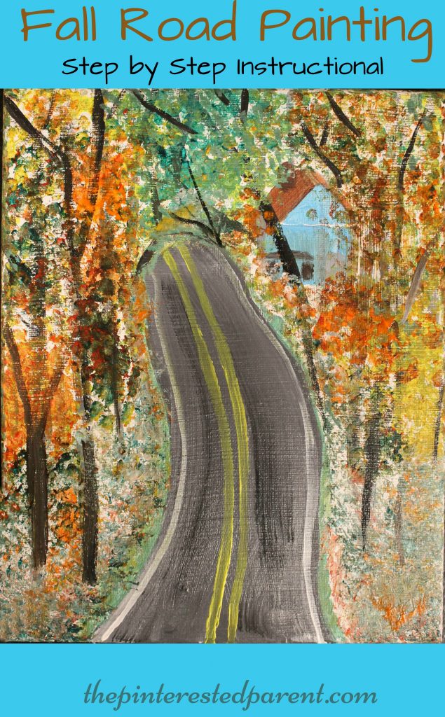 Fall Road painting tutorial. Step by step instructions on making autumn art - Kid's arts and crafts