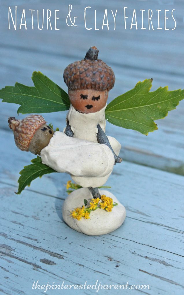 Nature and clay fairy crafts. This adorable craft was made with acorns, sticks and leaves. Salt Dough would work too. Kid's arts and crafts. - preschoolers