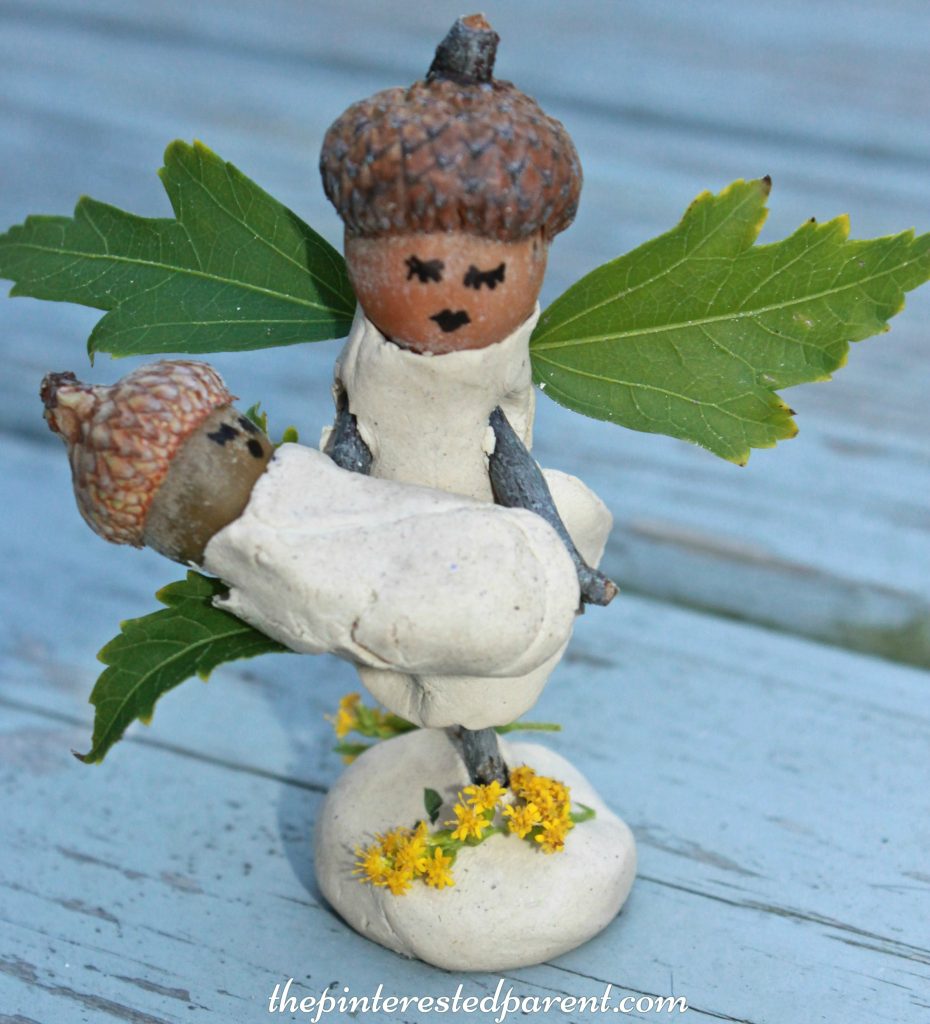 Nature and clay fairy crafts. This adorable craft was made with acorns, sticks and leaves. Salt Dough would work too. Kid's arts and crafts.
