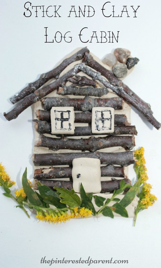 Clay and stick log cabin craft. Collect twigs and flowers to form your house. Salt dough will work as well. Kid's arts and crafts - preschoolers