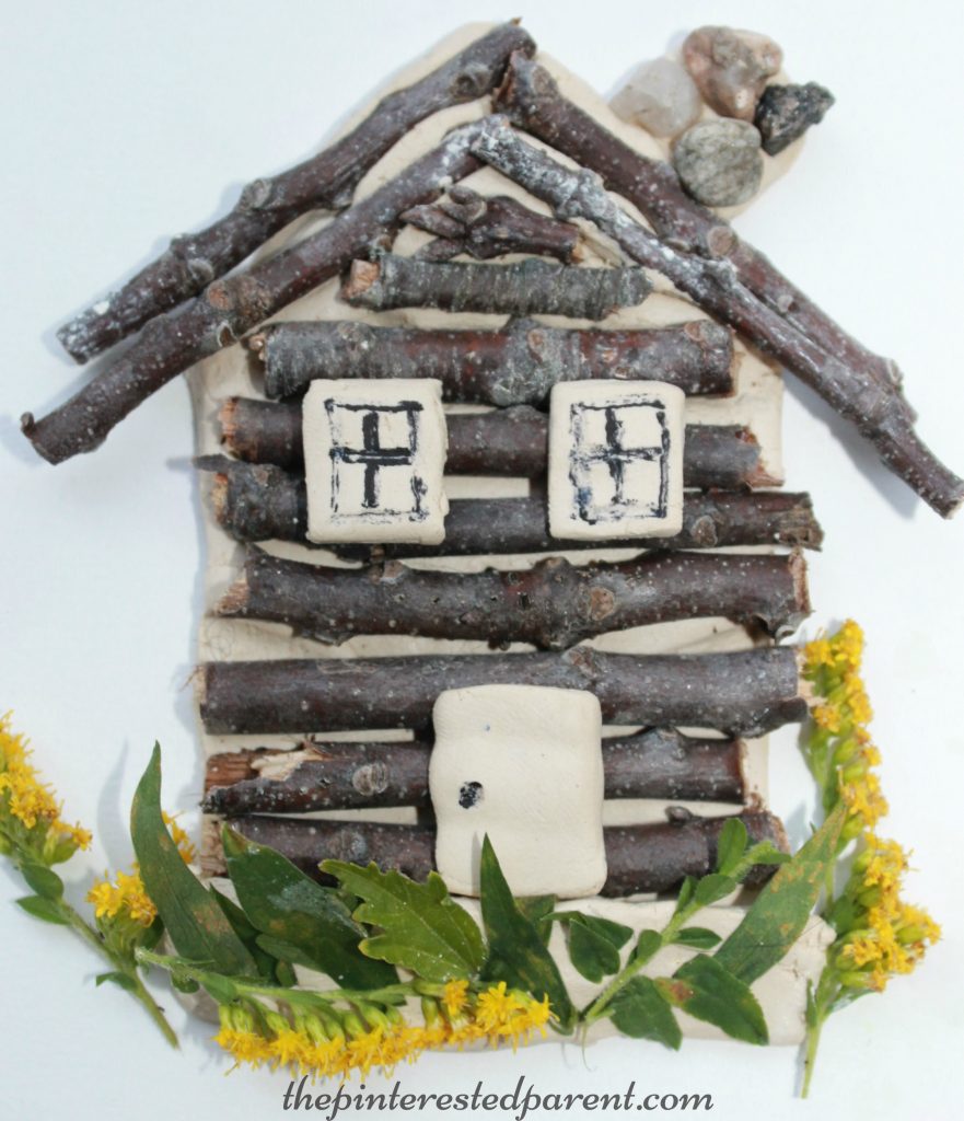 Clay and stick log cabin craft. Collect twigs and flowers to form your house. Salt dough will work as well. Kid's arts and crafts