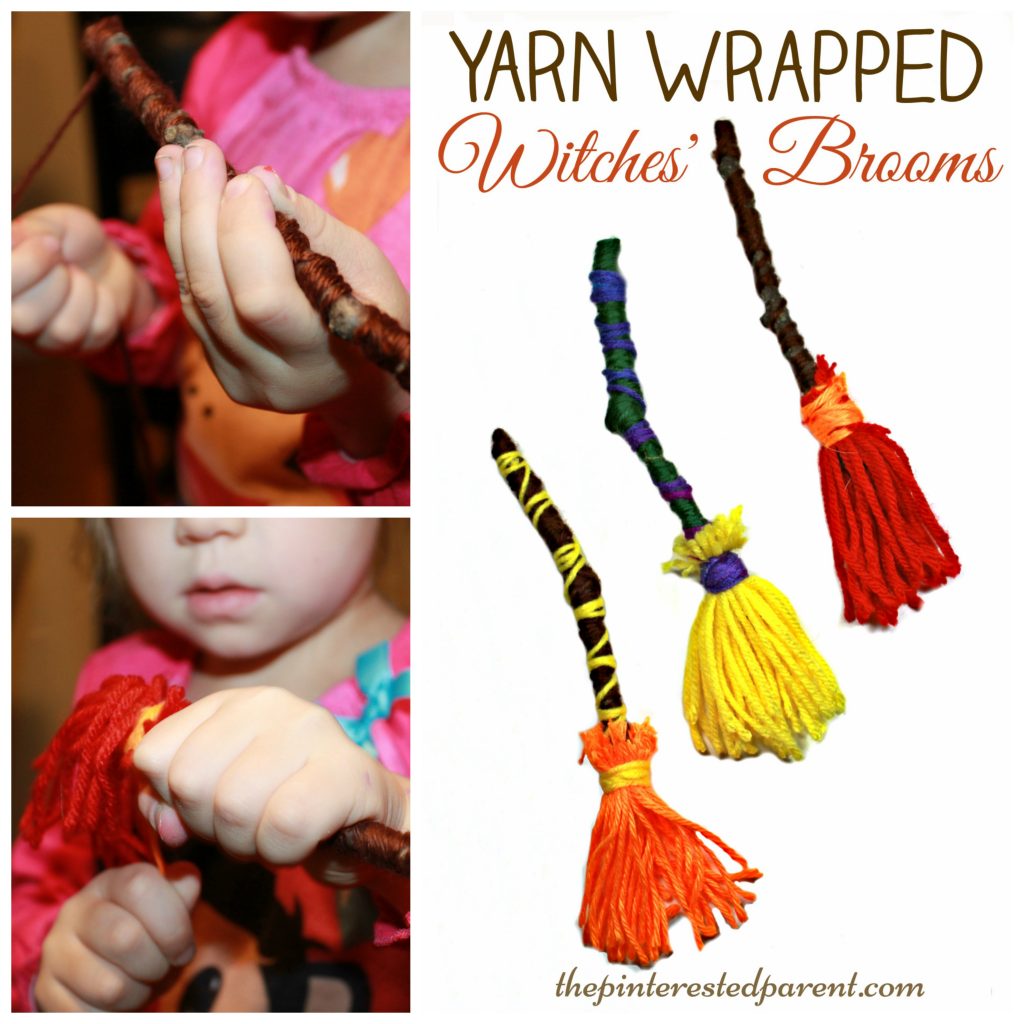 Yarn wrapped witches' brooms crafts for Halloween. A great fine motor skill activity and kid's crafts. Arts & craft for preschoolers. 