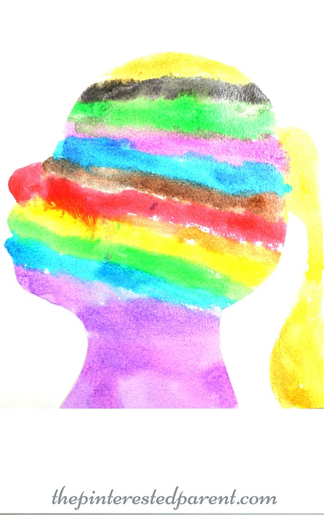 Cut your child's silhouette and paint it in watercolors. kid's arts and crafts - process art, preschoolers