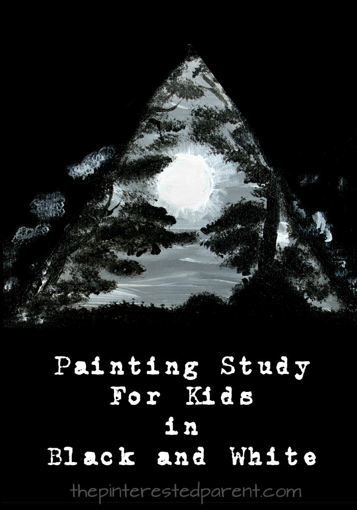 Moon landscape painting in black and white and gray. Painting study in black and white for kids is made with a few simple shapes. Easy step by step tutorial.