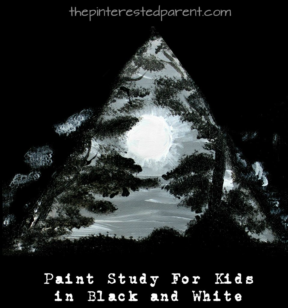 Moon painting in black and white and gray. Painting study in black and white for kids. Easy step by step tutorial.