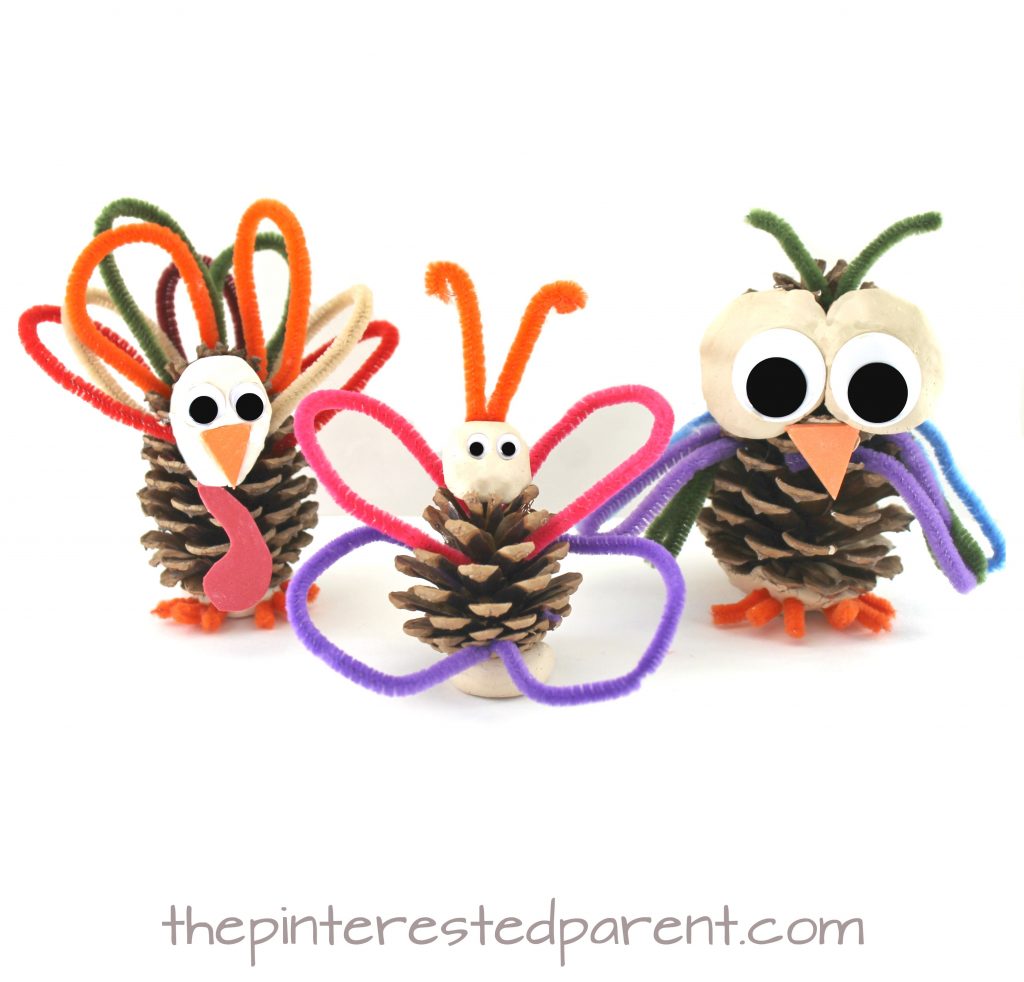 Pinecone and pipe cleaner animals. These are cute and easy to make. Use clay or play dough for these Owl, butterfly, turkey craft for kids. Fall or autumn arts and crafts. Nature