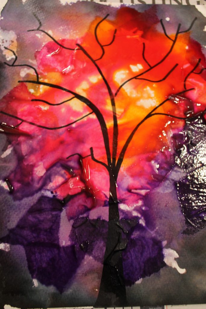 bleeding tissue paper tree painting - spooky night autumn, fall or winter trees. Perfect arts & crafts project for every season for kids and preschoolers