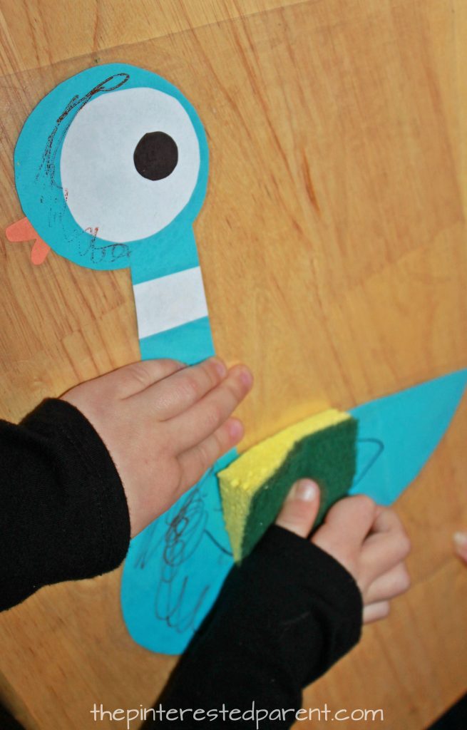 Dry erase cleaning activity for kids - inspired by the book 'The Pigeon Needs a Bath' -preschooler arts, crafts and activities
