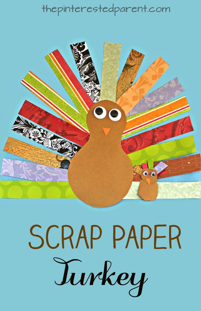 This is a great cutting skills activity and craft. Scrap Paper Turkey Craft for kids. Thanksgiving arts & crafts for preschoolers. Use pieces of scrapbook paper to form this pretty turkey. 