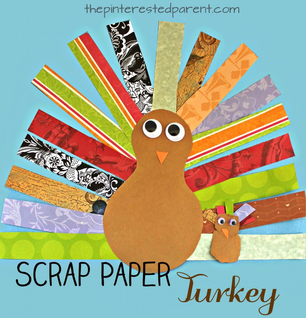 This is a great cutting skills activity and craft. Scrap Paper Turkey Craft for kids. Thanksgiving arts & crafts for preschoolers. Use pieces of scrapbook paper to form this pretty turkey. 