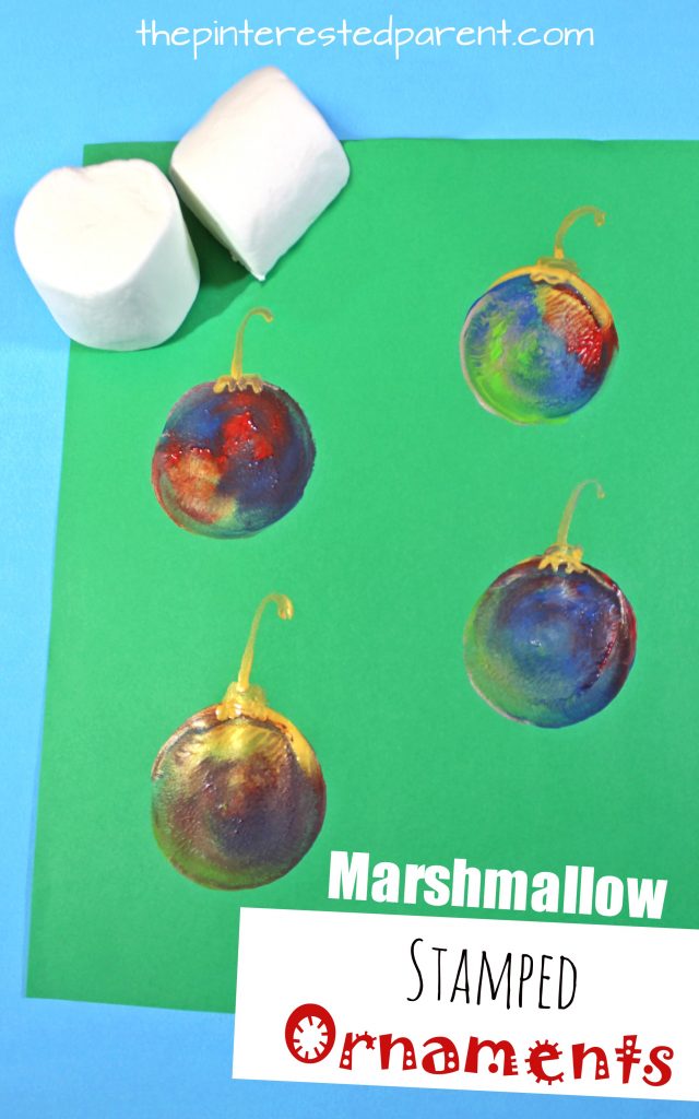 Marshmallow stamped Christmas ornaments. Kids arts and crafts for winter.