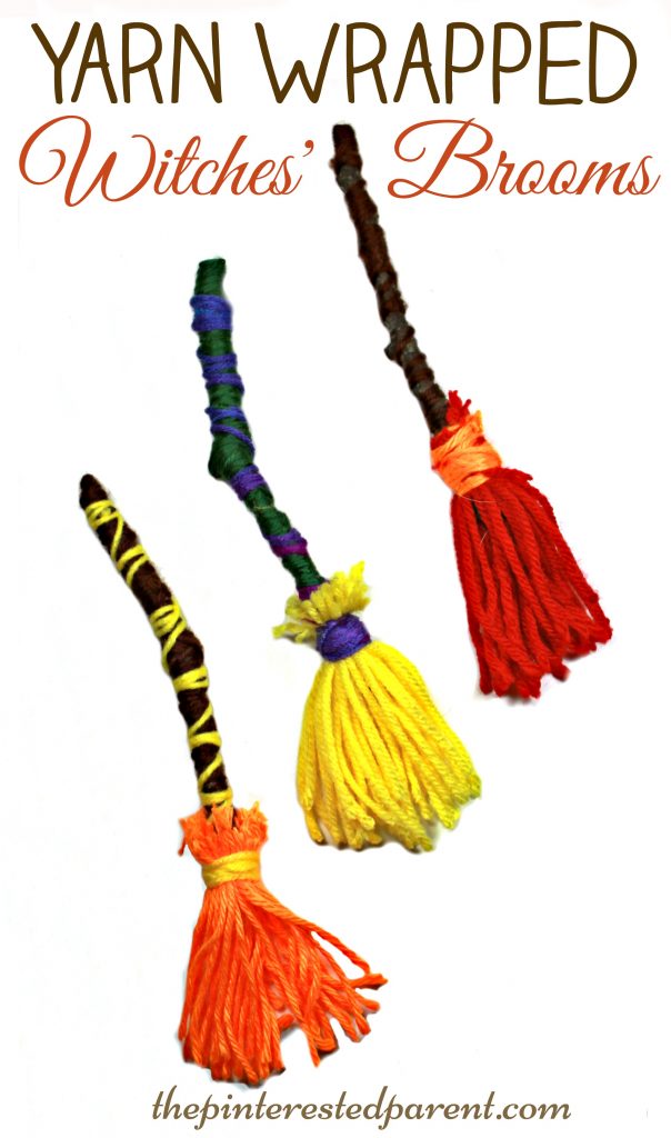 Yarn wrapped witches' brooms crafts for Halloween. A great fine motor skill activity and kid's crafts. Arts & craft for preschoolers. 