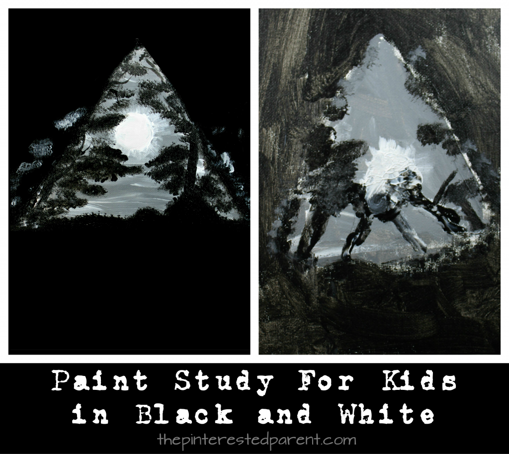 Moon painting in black and white and gray. Painting study in black and white for kids. Easy step by step tutorial.