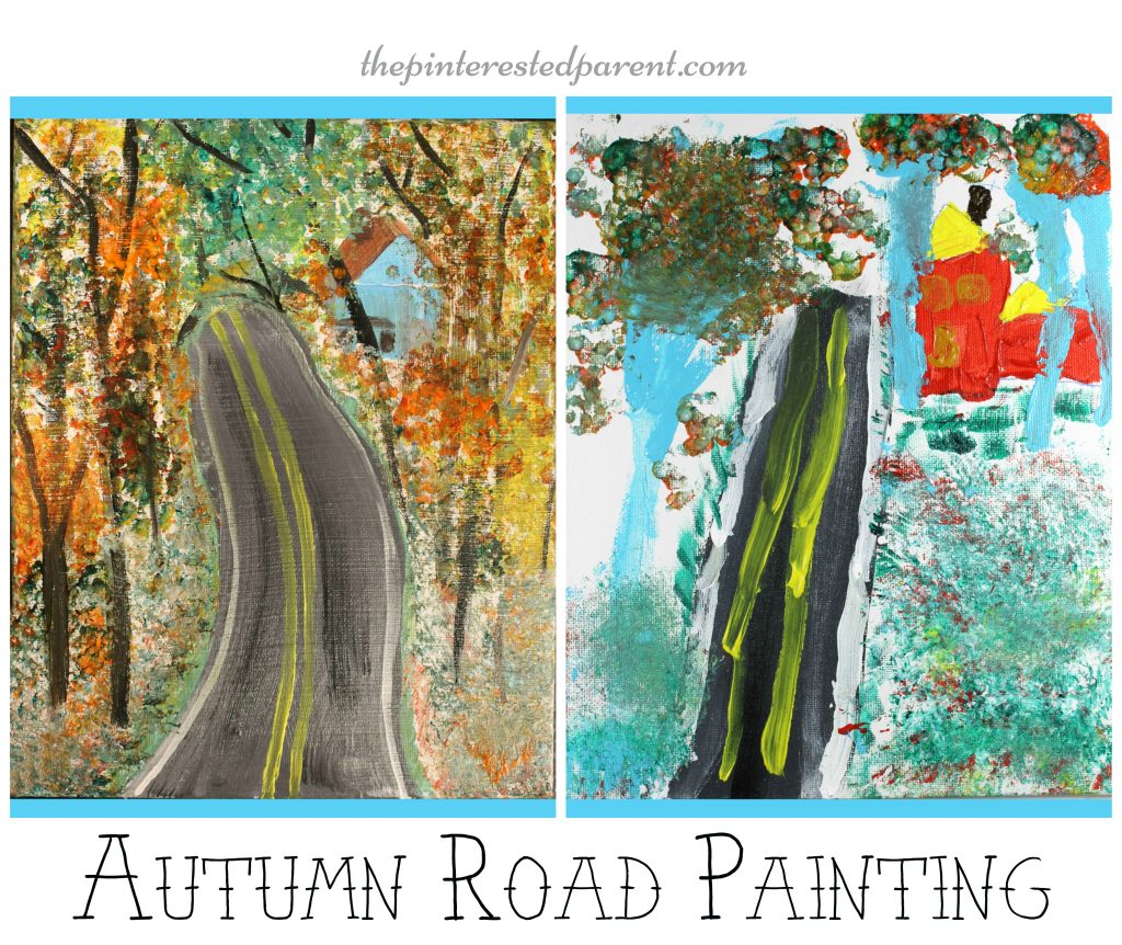 Fall Road painting tutorial. Step by step instructions on making autumn art - Kid's arts and crafts