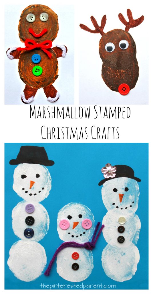 Use jumbo marshmallows to make these adorable Christmas and winter crafts - paint stamp to make a snowman, gingerbread man, or a Rudolph the red nosed reindeer. Arts and crafts for kids And preschoolers 