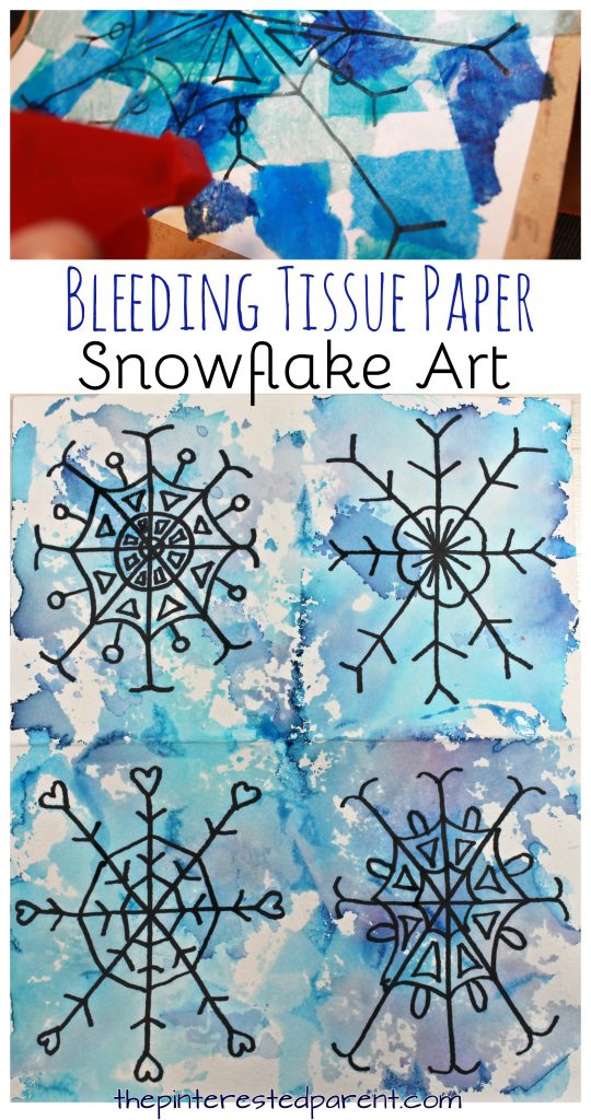 Bleeding tissue paper snowflake art - winter arts and crafts projects for kids - beautiful process art for Christmas - painting with tissue