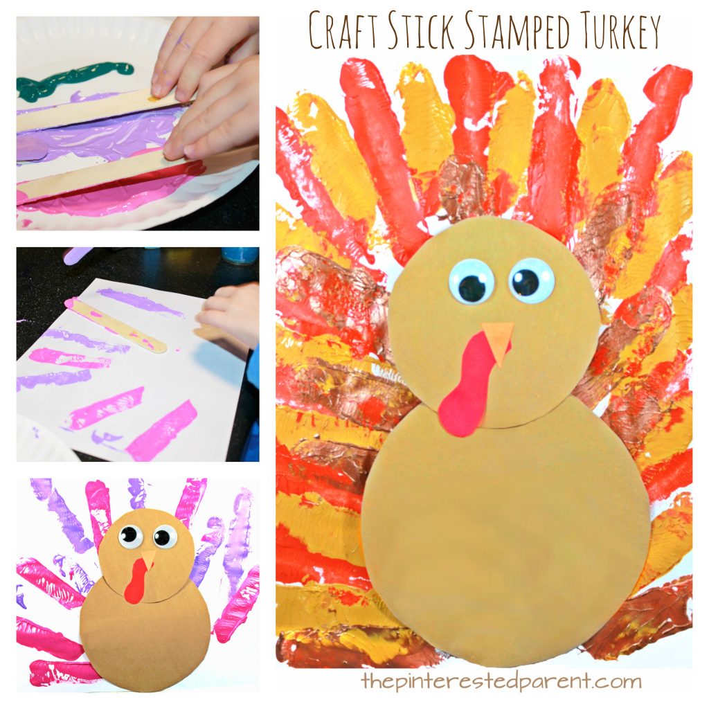 Craft stick stamped turkey for Thanksgiving and fall. Art and crafts for kids - painting with Popsicle sticks - preschoolers