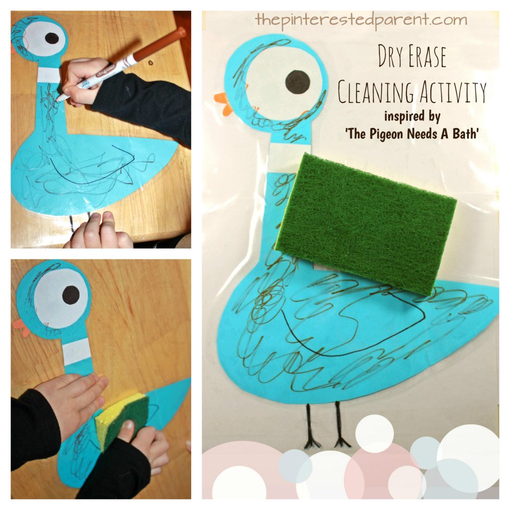 Dry erase cleaning activity for kids - inspired by the book 'The Pigeon Needs a Bath' -preschooler arts, crafts and activities