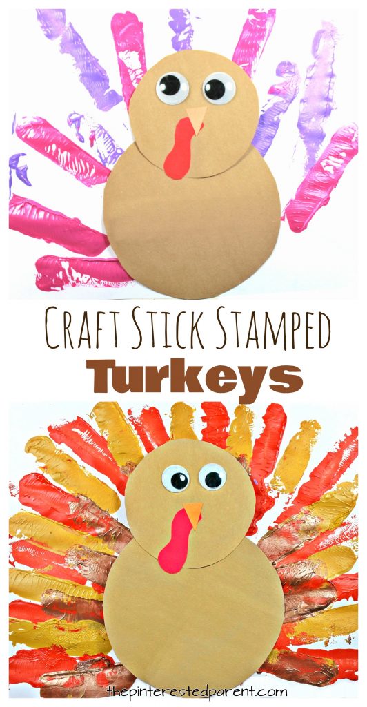 Craft stick stamped turkey for Thanksgiving and fall. Art and crafts for kids - painting with Popsicle sticks - preschoolers