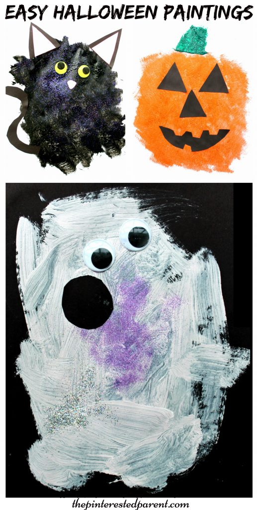 Easy blob painted Halloween paintings. Paint a black cat, ghost or pumpkin. This is a perfect arts and craft activity for toddlers and preschoolers