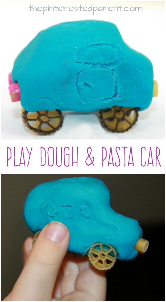 Pasta and play dough or clay cars. Arts and craft projects for kids and preschoolers