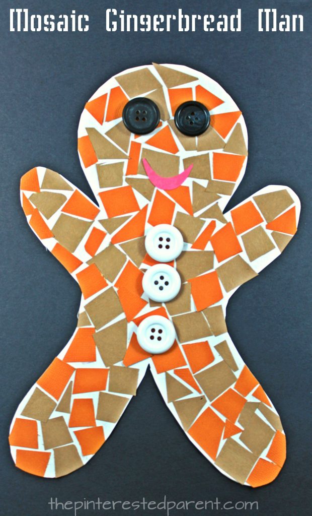 Construction paper mosaic gingerbread man. Winter and Christmas arts and crafts projects for kids and preschoolers. 
