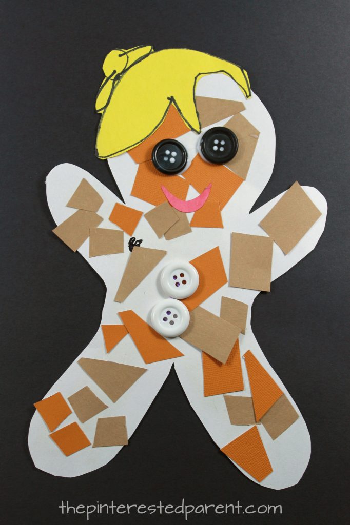 Construction paper mosaic gingerbread man. Winter and Christmas arts and crafts projects for kids and preschoolers.