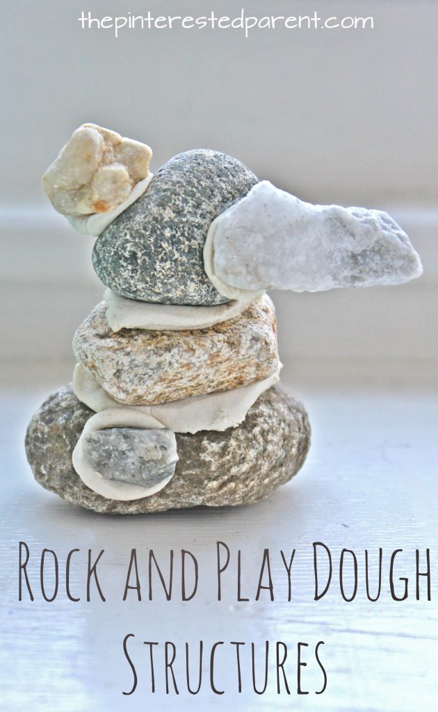 Rock and play dough structures. Stack and build simple structures using large and small rocks and stones. Simple buildings and engineering activity for kids. Nature arts, crafts and activities